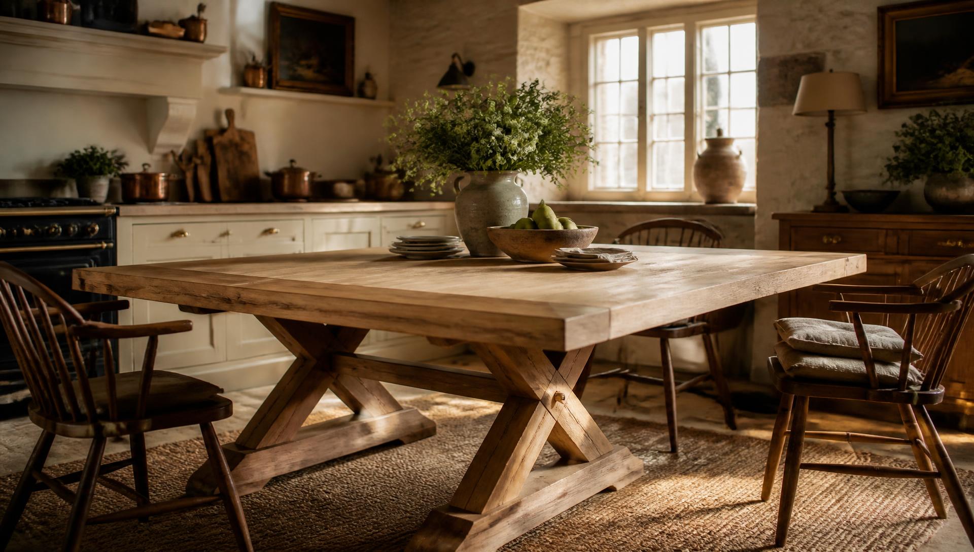 A handcrafted solid oak dining table in a sunlit country kitchen